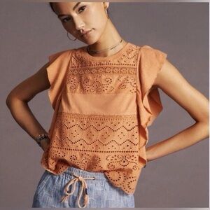 By Anthropologie Eyelet Embroidered Lace Top in Terracotta Size Extra Large.